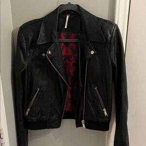 Free People Black Leather Jacket with Gold Zippers